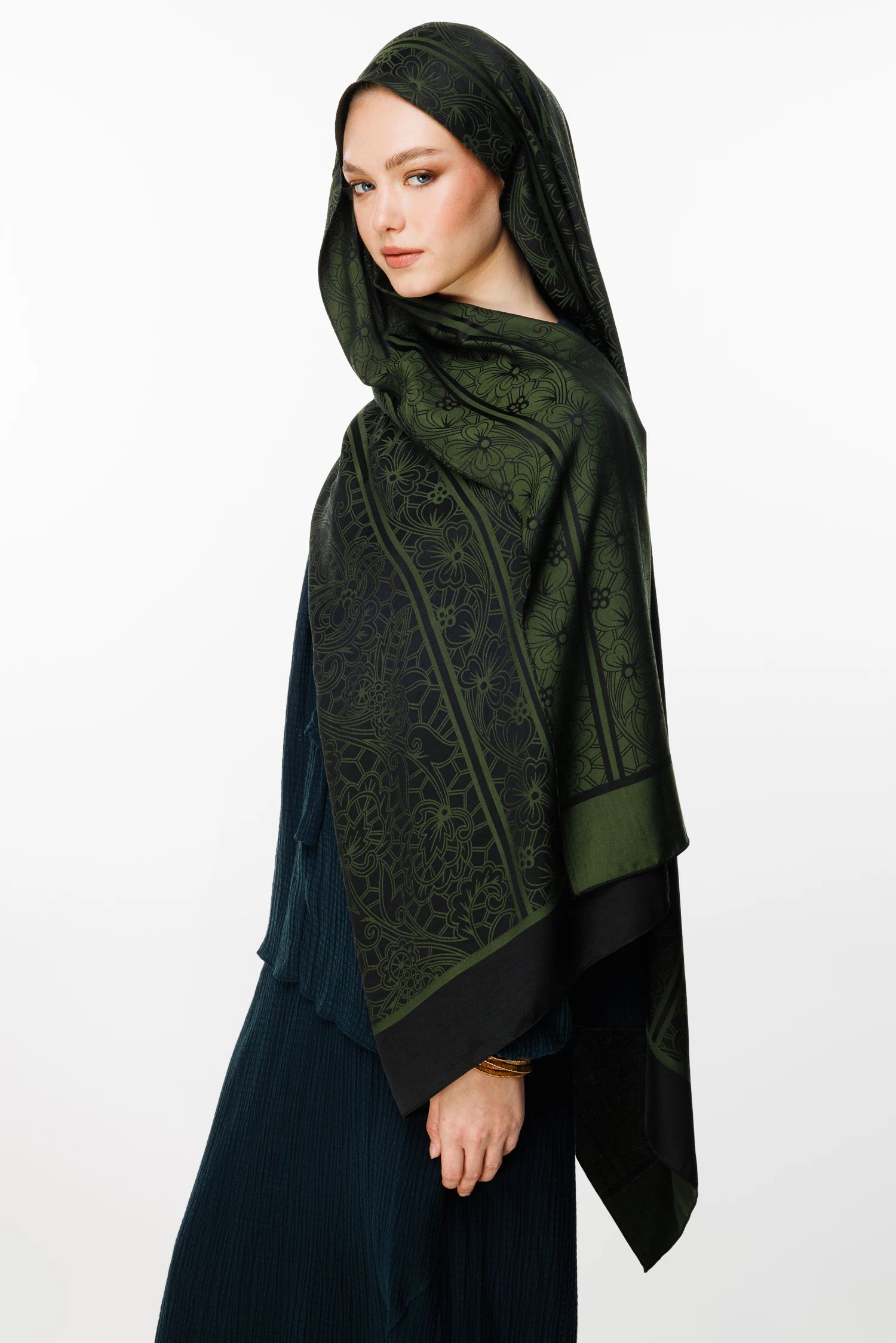 Lavin Desen Çift Taraflı Şal - Siyah-Haki